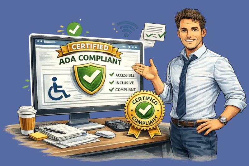 Confident business owner with certified accessible website and court-admissible compliance documentation for ADA defense