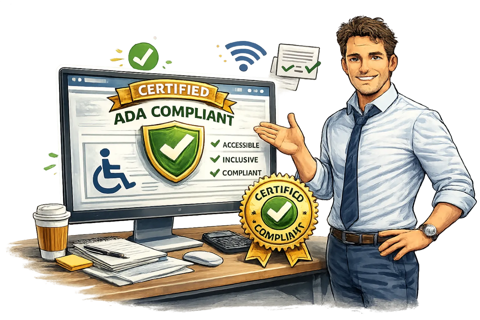 Confident business owner presenting a certified compliant website